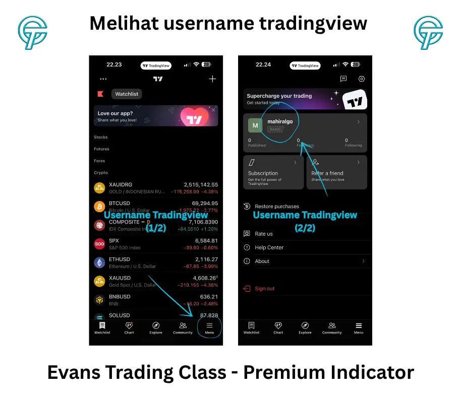 Letak username di menu profil TradingView